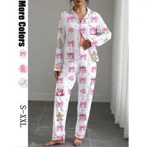 [Christmas] Women's Christmas Pajama Set, Long Sleeve Collar Top and Elastic Pants, Casual Slimming Printed Pajamas Home Casual ClothingRAIMENTRY