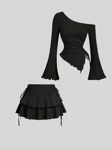 Women's Solid Color Long Sleeve Top & Skirt Two-Piece Matching Set Outfit, Womenswear Casual Fashion Cozy Top & Skirt for Daily Outdoor Wear, Women's Clothing for Spring & Fall, Fabric
