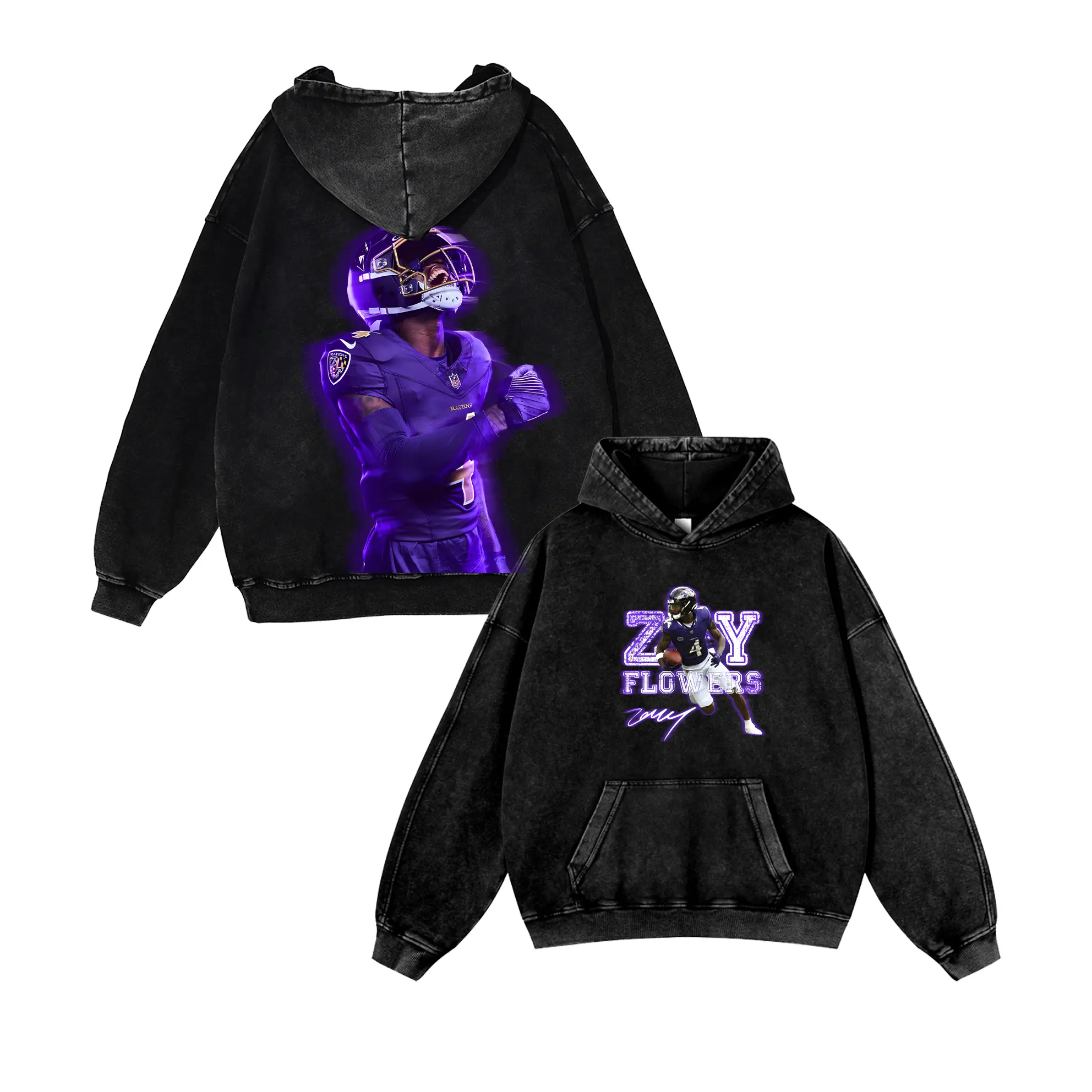 Zay Flowers #4 Ravens Casual Washed Hoodie | Baltimore Speed WR