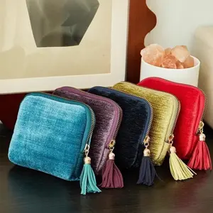 Soft Velvet Travel Jewelry Case Tassel Zipper Multi-Color Portable Anti-Scratch Organizer with Free Bracelet for Women