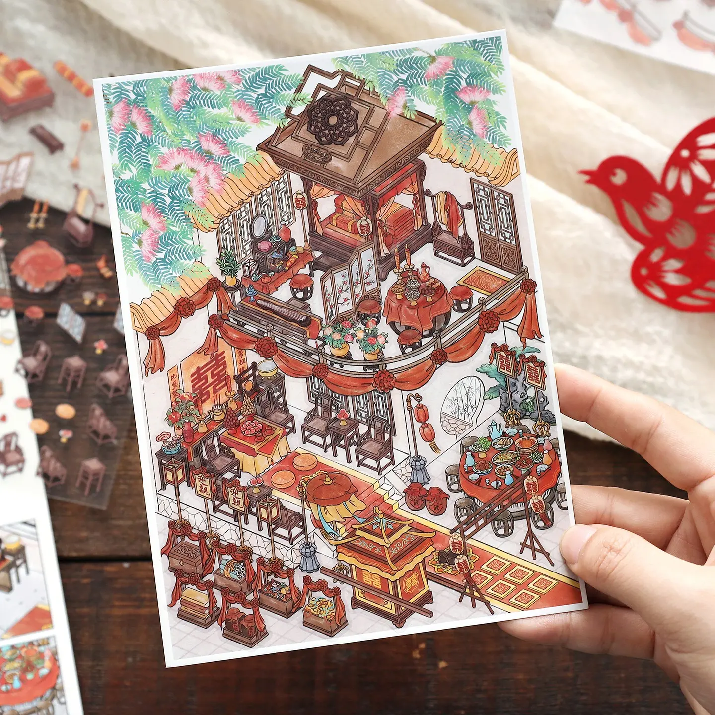 3 Sheets/bag Landscape Sticker Collage Pack, Today Open Series No. 43 Eastern Classical Architecture Theme Decorative Adhesive Stickers