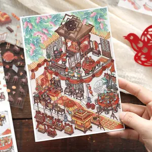 3 Sheets/bag Landscape Sticker Pack, Today Open Series No. 43 Eastern Classical Architecture Theme Decorative Adhesive Stickers