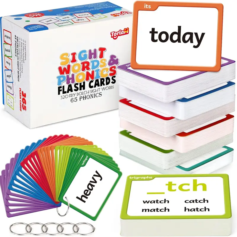 Torlam Phonics Flash Cards for Studying - Clearly Graded Educational Kids Toys for 8-10 Years, Unisex 365 Double-Sided Cards to Develop Phonics Skill, Reading & Spelling Practice (Digraphs, CVC Blends, Long Vowel Sounds, Sight Words)