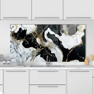 GCKG Luxury abstract fluid art painting mixture of black white gold marbled Tempered Glass Kitchen Backsplash, Stove Back Cover, Stove Splashback, Cutting Board, Kitchen Wall Decor