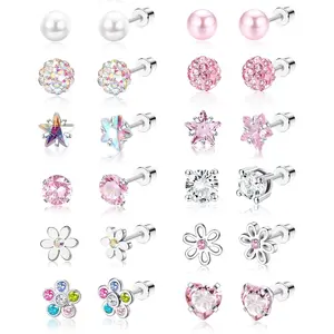 12 Pairs Hypoallergenic Screw Back Earrings for Women Girls Surgical Steel Cute Heart CZ Flower Pearl Ball Tiny Screwback Stud Earring