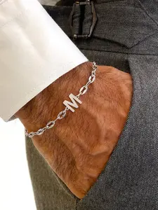 Men's Initial Stainless Steel Bracelet Silver Color Chain, Simple Classic Casual Accessory for All Seasons, Stylish Letter Design