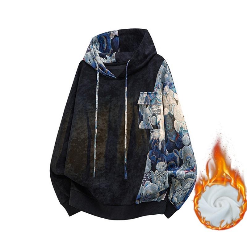 Tie-Dye Embroidered Patchwork Hoodie Men Autumn Winter Trendy Brand Design Loose Fit Jacket, Regular Style, Fleece Lined, Warm Comfortable Soft Mens Long Sleeve Top, Suitable for Casual Daily Wear Travel Outing Pullover Hoodie