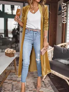 Women's Solid Pocket Shawl Collar Velvet Longline Coat, Casual Long Sleeve Open Front Outerwear for Spring & Fall, Ladies Clothes for Daily Wear