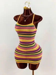 Amplova Y2K Striped Camisole Dress for Women, Criss Cross Backless Fitted Mini Dress, Summer Beach Vacation Outfit