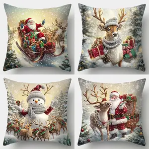 4pcs Festive Pillow Cases with Santa Claus, Snowman, Reindeer Prints, Zippered, Machine Washable for Home and Living Room Decor, Single-sided Printing Without Pillow Core