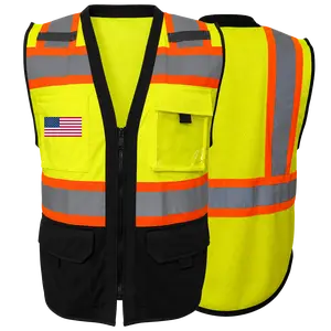 Two Tone Hi-Vis Mesh Back - Custom Flag on Pocket - Safety Vest with Reflective Stripes - Clear ID Pocket
