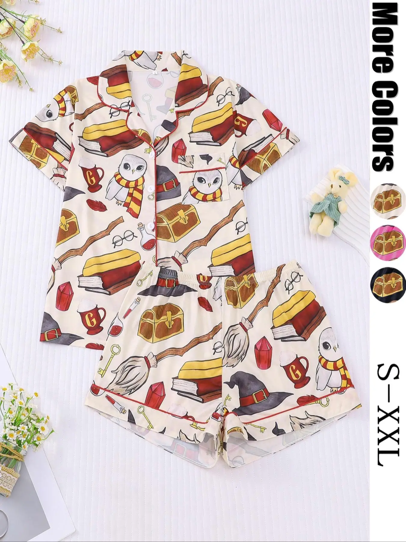 Women's All Over Print Short Sleeve Shirt & Elastic Waist Shorts Pyjama Two-piece Set, Casual Comfy Lapel Neck Top & Shorts PJ Set, Ladies Sleepwear f