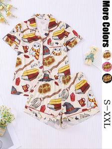 women's all over print short sleeve shirt & elastic waist shorts pyjama two-piece set, casual comfy top & shorts pj set, ladies pajamas for all seasons, loungewear, womenswear, nightwear, homewear, pajama sets women, glam lounge wear, soft lounge sets