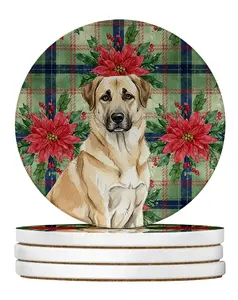Carolines Treasures WDK8486RCS4 4 x 4 in. Anatolian Shepherd Dog Christmas Poinsettias Large Sandstone Coasters, Pack of 4