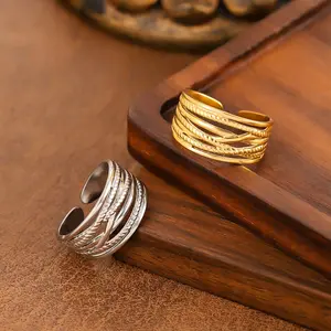 Multi-Layer Wrapped Twist Braided Edge Cross Design Stainless Steel Open Ring Non-Fading Unisex Daily Commute Date Party Outfit Jewelry Gift