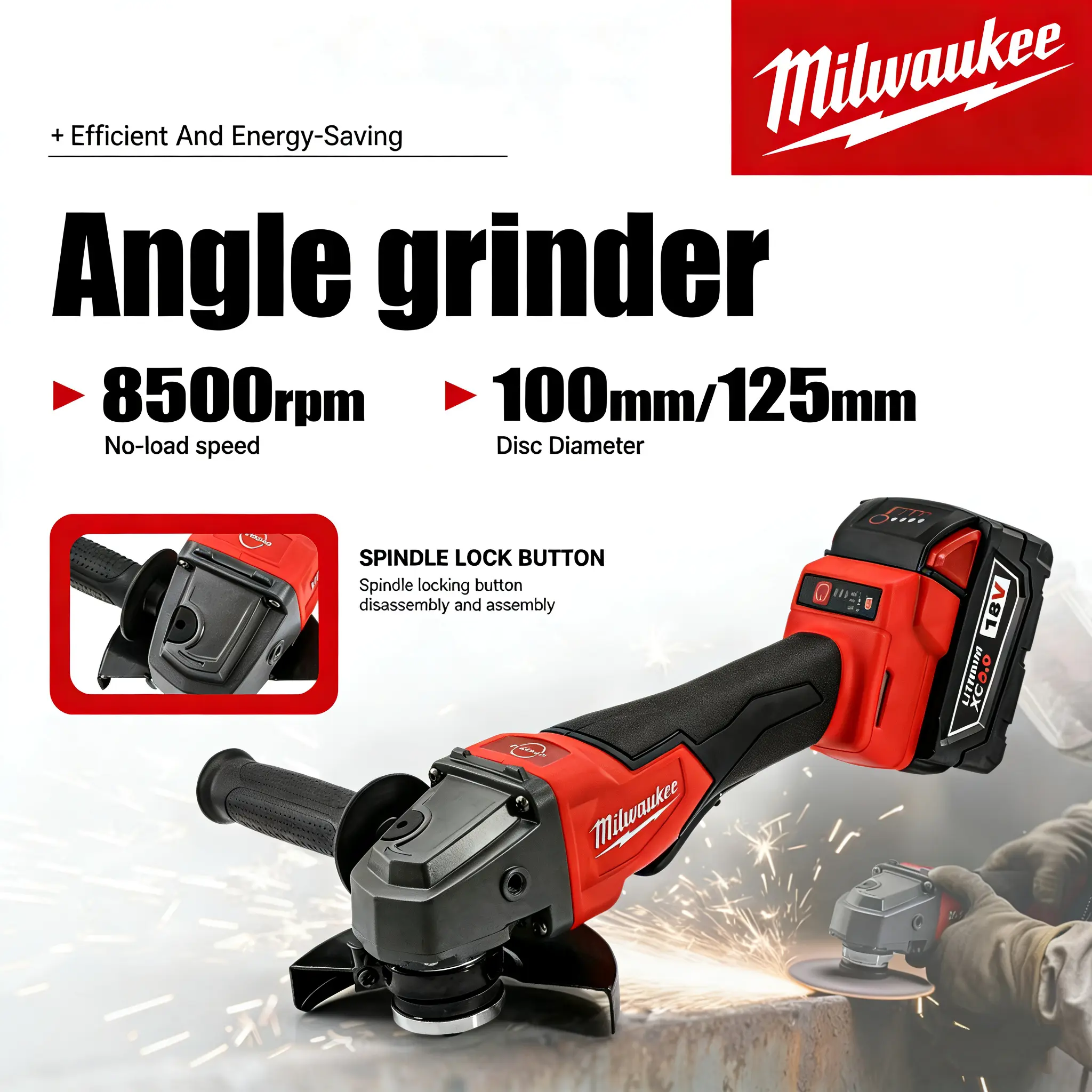 Milwaukee M18 125mm Brushless Angle Grinder Kit with 8500 RPM, M10/M14 Spindle Thread & 5" Disc for Metal Cutting, Grinding, Welding Prep & Construction Site Work Cordless paddle switch