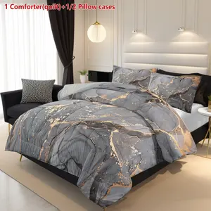 Marble Texture & Bedding Set, Includes Quilt and Pillowcases, Soft Abstract Wave Design, Cotton Material, Made in China