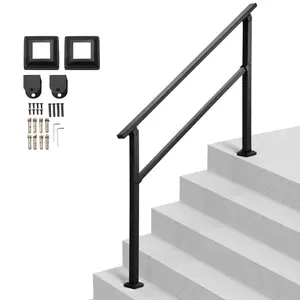 VEVOR Outdoor Handrails for Steps, 4-5 Step Stair Rail Kit, Black Square Tube with Horizontal Bar, Carbon Steel Support Rails for Seniors, Concrete Deck Stairs, Easy Installation