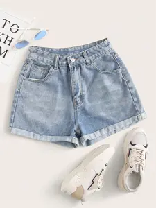 VYNCE Rolled High-Rise Denim Shorts for Summer Casual Wear