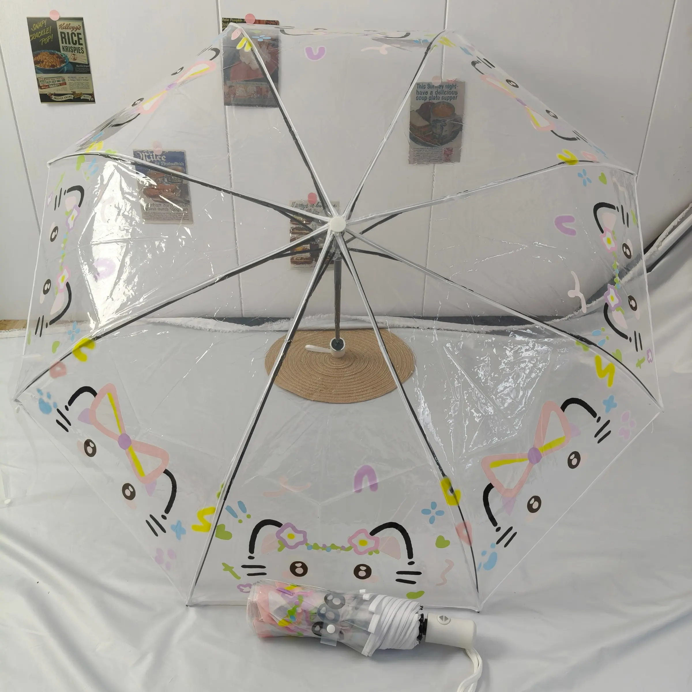 Transparent Cute Dog Line Folding Umbrella, Small and Adorable, Reinforced Frame, Durable and Convenient, Handheld Portable