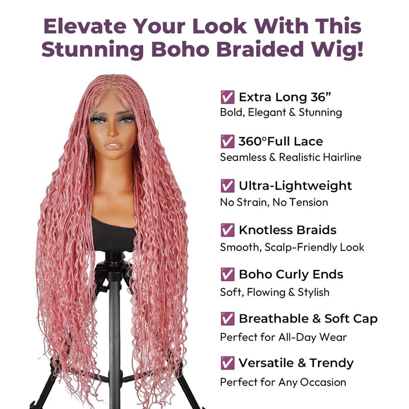 Valentine's Day #Pink 36" Full Lace Bohemian Knotless Boho Box Braided Wig – SuperNova, Lightweight, Breathable, Natural Look, Long-Lasting & Easy to Maintain