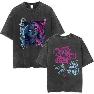 Retro Snow Washed Arcane Jinx Graphic Oversized T-Shirt, Premium Heavyweight Cotton Harajuku Streetwear Short Sleeve Tee, Y2K Aesthetic Soft Breathable Unisex Apparel, Perfect Gift Top For League Of Legends Game Fans