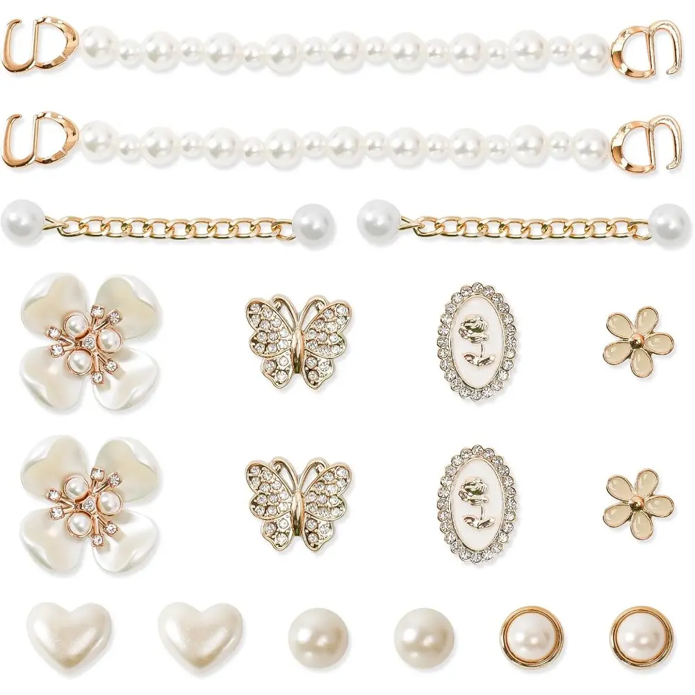 14Pcs/18Pcs Bling Shoe Charms Gold Rhinestone Butterfly Flower Jewelry Shoes Accessories Pearl Chain Shoe Charms Women Luxury Jewelry Clog Shoes Accessories for Party Favor Birthday Present