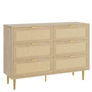 Gaomon 6-Drawer Soft-Closing Drawers Dresser, Rattan Panels & Engineered Wood Rustic Modern Chest with 5 Metal Legs & Golden Handles, Farmhouse Charm for Bedroom, Living Room
