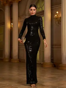 MISSORD Mock Neck Formal Mermaid Prom Dress Graphic Long Sleeve Regular Fit Slight Stretch Machine Washable