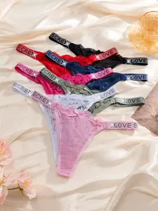 Women's Sexy Sheer Lace T-Back Thong Panties with Letter Rhinestones, Comfortable Plus Size Daily Underwear, Drop Waist Knicker, Sheer Lace Panty, 7-Pack for All Seasons