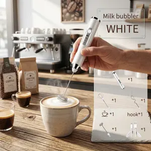 Milk Frother Handheld Rechargeable, Electric Whisk Drink Mixer with 3 Stainless Steel Whisks, Detachable, Hand Mixer for Coffee, Lattes, Cappuccino, Matcha, Egg, No Stand Needed, White
