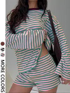 Valentine's Day Women's Casual Striped Long Sleeve Top & Shorts Set, Loose Fit, All Season, Comfortable Travel Clothing for Daily Wear
