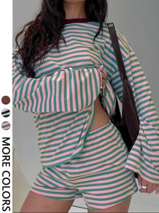 Women's Casual Striped Long Sleeve Top & Shorts Set, Loose Fit, All Season, Comfortable Travel Clothing for Daily Wear