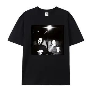 [Tiktok Shipping] Halloween Character Vintage Graphic Tee, Michael Myers And Ghost Face In The Cinema T-Shirt, Horror Movie Shirt, Unisex Meme Cringe Funny Shirt, Menswear Womenswear Streetwear Cotton Comfort Cotton T-Shirt Graphic Tee