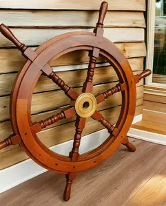 Nautical Ship Wheel for Wall Decor 12 Inch Rustic Wooden Pirate Boat Steering Wheel with Brass Hub Handmade Captain's Wheel for Nautical Beach Coastal Décor