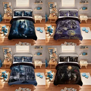 Wolf Pattern Digital Print Bedding Set, 3 Piece (1 Fitted Sheet + 2 Pillowcases), Polyester Fiber, No Core, Comfortable Sleep