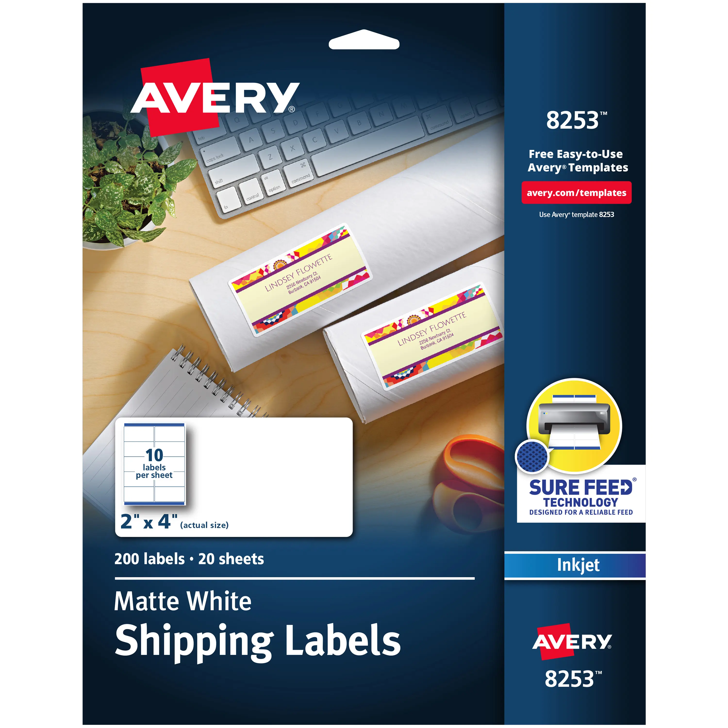 Avery Printable Shipping Labels, 2" x 4", Matte White, Sure Feed Technology, Inkjet Printer Compatible, 200 Blank Labels Total (8253), Label Printing, 8253 Series