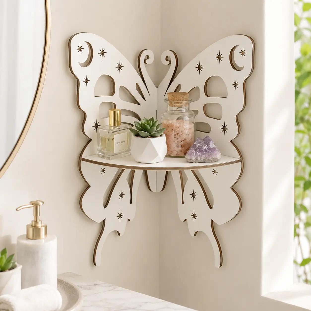 Wooden Hollow Butterfly Corner Wall Shelf, Boho Crystal Display Rack, Whimsical Room Decor for Living Room Home Supplies Shelves, Room Decorations