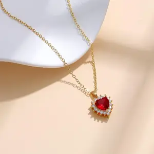 Gold-plated love retro ruby pendant necklace women's fashion versatile temperament micro-inlaid zircon collarbone chain