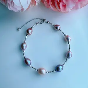 Piswency Freshwater Pearl Bracelet, Real Freshwater Pearls, Adjustable Bracelet, 925 Sterling Silver Setting, Handmade Jewelry Gift