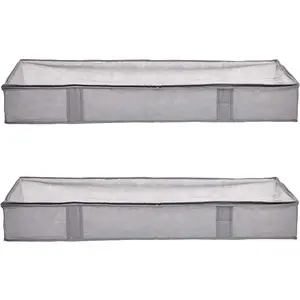 Under Bed Fabric Zipper Blanket Storage Container Bags with Window and Handles 2Pack 18 x 42 x 6 inches Gray
