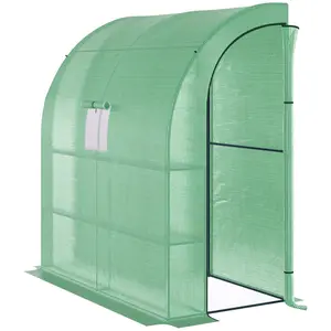7' x 3' x 7' Walk-In Lean-to Greenhouse, Home Garden Plant Nursery with 2 Roll-Up Doors, Roll-Up Windows, PE Cover and 3 Wire Shelves, Green