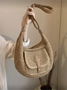 Vintage Straw Handbag Large Capacity Beach Tote Summer Vacation Bohemian Crossbody Bag with Adjustable Strap