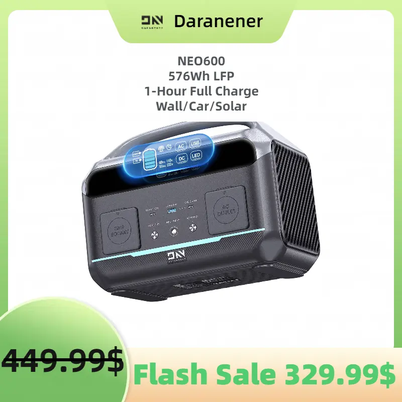 Daranener NEO600 576Wh 600W（1200W Surge）Portable Power Station LFP Battery with AC & DC Outlets, 1Hour Fast Charging for Home & Emergency, Camping & RVs, CPAP