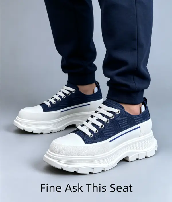 Navy Denim Patchwork Platform Sneakers Textured Denim Upper Blue Pull Tab At Heel Multi-Layer Chunky White Lug Sole Lace Up Height Increasing Casual Dad Shoes For Men Women
