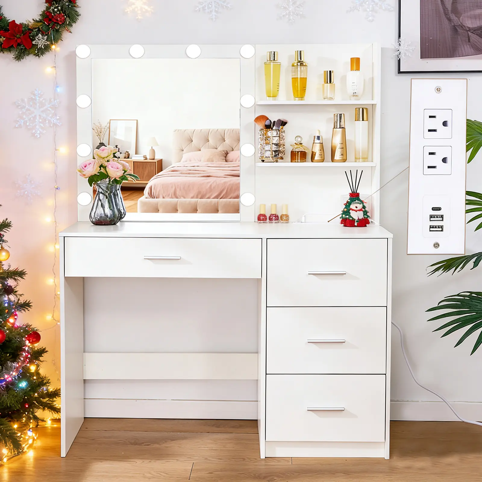 White   Makeup   Vanity Desk with LED Adjustable Lights and Mirror, 4 Drawers Power Oultlet,    39.5Inch  Girl's Dressing Desk