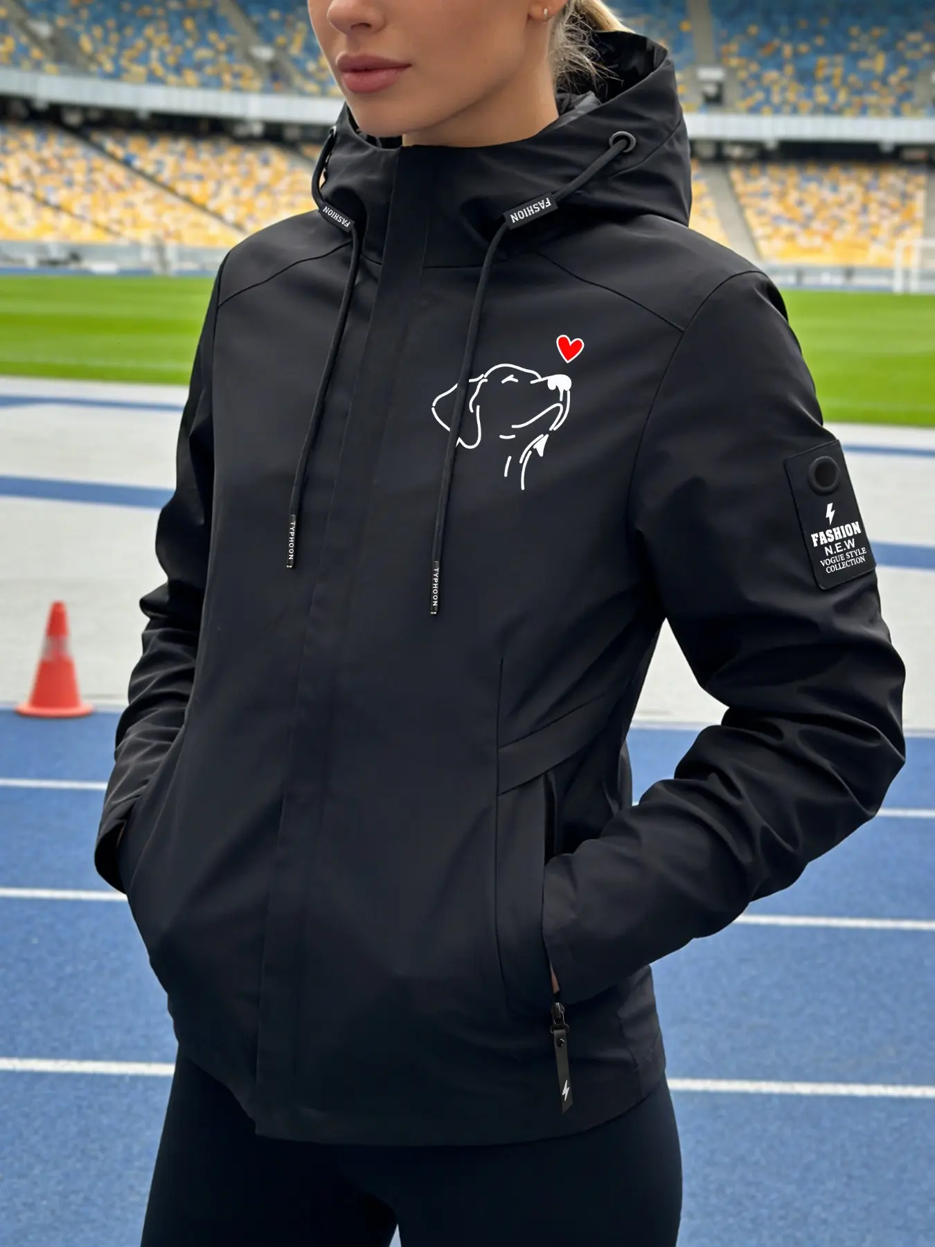 Women's Hooded Windbreaker Jacket Front Cute Dog Line Art & Heart Print Stylish Trendy Windproof Water-Resistant Breathable Ideal for Young Ladies Daily Commute Leisure Outings in Spring Autumn Winter