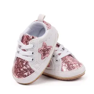 Global Baby Girls Sneakers Casual Shoes 2026 Spring Girls Leather Sequined White Shoes Lightweight Children Toddler Shoes Baby Sneakers Contrast Color Sequins Shoelace Soft Sole Non-Slip