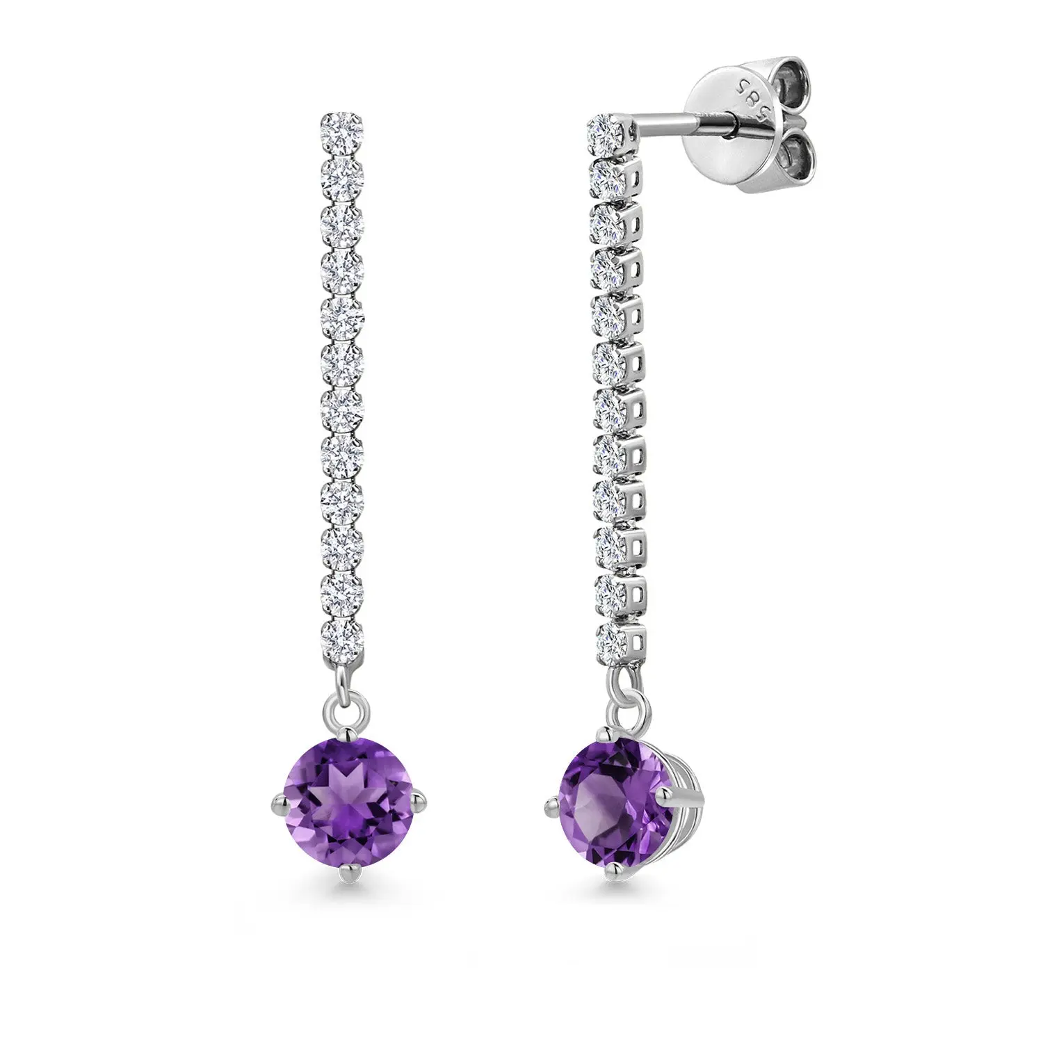 14K White Gold Purple Amethyst and White Lab Grown Diamond Long Liner Dangle Earrings for Women | 1.31 Cttw | Gemstone February Birthstone | Round 5MM | White Gold Chain Drop Earrings