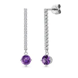 14K White Gold Purple Amethyst and White Lab Grown Diamond Long Liner Dangle Earrings for Women | 1.31 Cttw | Gemstone February Birthstone | Round 5MM | White Gold Chain Drop Earrings